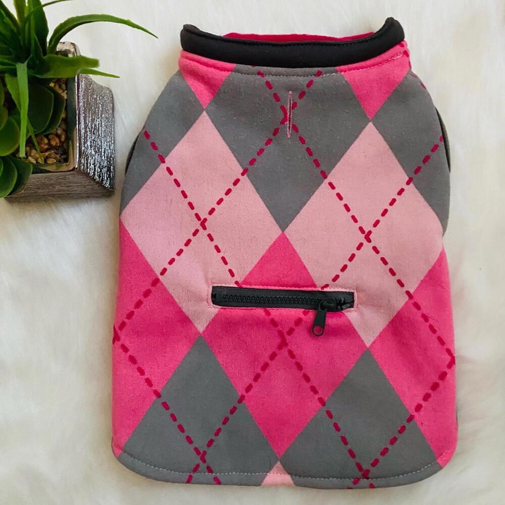 Pink and Gray Argyle Pattern Dog Coat with Zipper Pocket